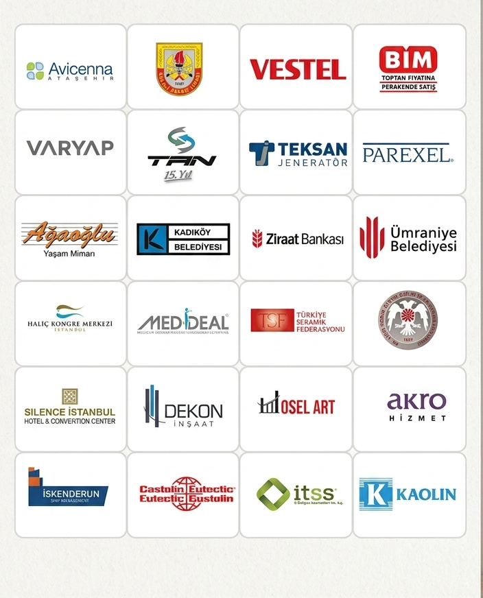 Bize güvenen kurumlar: Avicenna, Vestel, BİM, Varyap, Teksan Jeneratör, Parexel, Ağaoğlu, Kadıköy ve Ümraniye Belediyesi, Ziraat Bankası, Haliç Kongre Merkezi, Silence İstanbul, Dekon İnşaat, Akro Hizmet, Kaolin ve daha fazlası